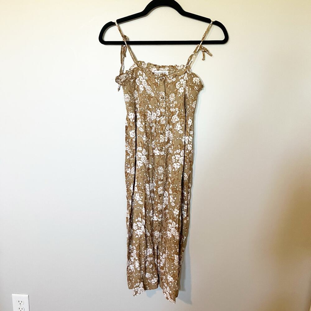 Faithfull the brand suki‎ floral smocked tie shoulder dress brown size xs/2